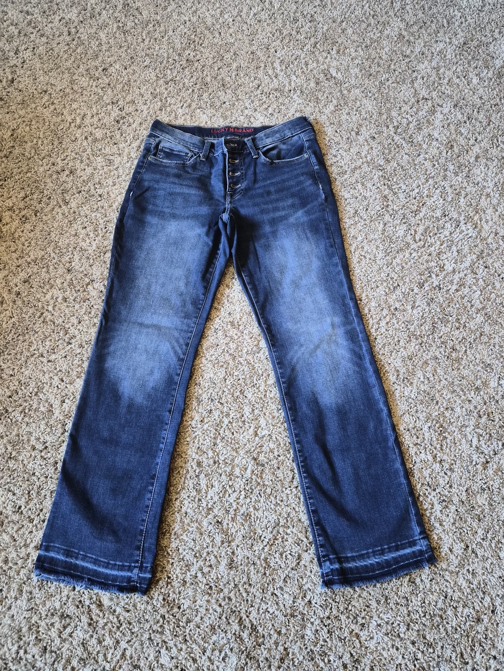 Lucky Brand Dark Blue Mid Rise Straight Leg Jeans with Subtle Fade